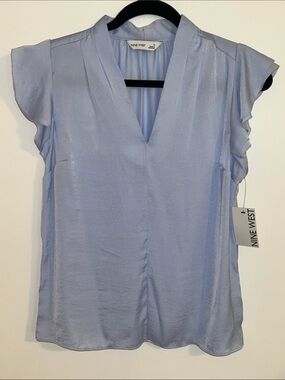 Nine West Light Blue V-Neck Flutter Sleeve Blouse